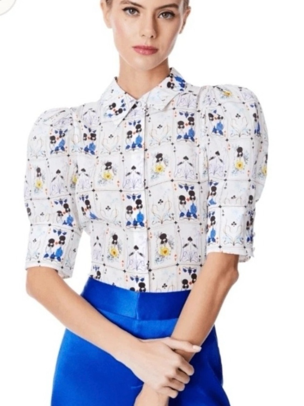 Alice + Olivia White Collared Puff-Sleeve Printed Blouse Nordstrom nwt med